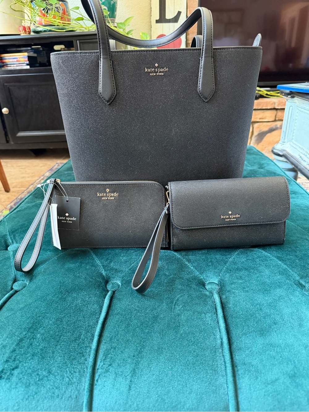 Kate Spade Black  Glimmer Tote with Matching Wristlet and Wallet Set